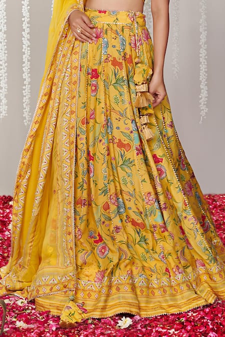 Blooming Threads_Yellow Organza, Cotton Satin Tassels Plunge Bagicha Garden Print Lehenga Set _at_Aza_Fashions