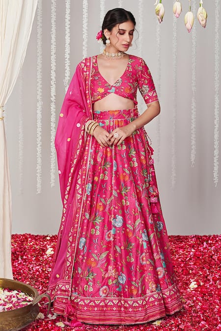 Blooming Threads Pink Cotton Silk Print Bagicha Gardenia Plunging V Neck Flora Lehenga Set 