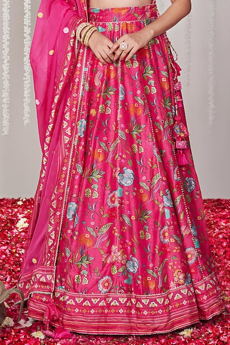 Blooming Threads_Pink Cotton, Silk, Organza Tassels Plunge Neck Bagicha Flora Print Lehenga Set _Online_at_Aza_Fashions