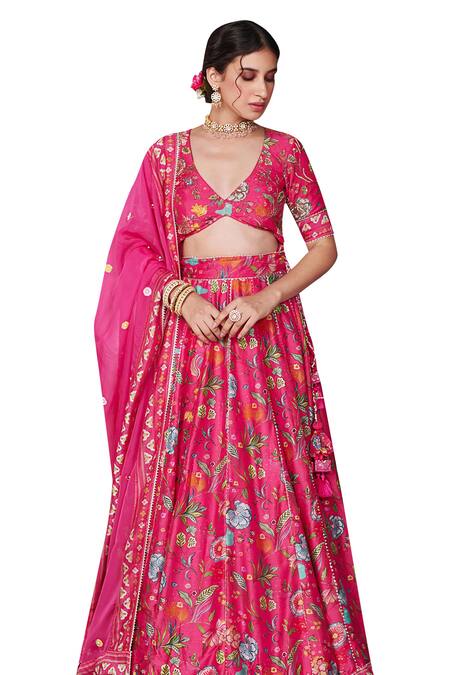 Buy_Blooming Threads_Pink Cotton, Silk, Organza Tassels Plunge Neck Bagicha Flora Print Lehenga Set _Online_at_Aza_Fashions