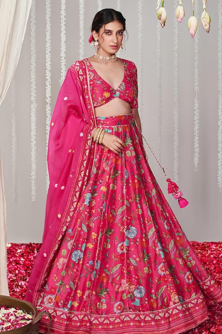 Shop_Blooming Threads_Pink Cotton, Silk, Organza Tassels Plunge Neck Bagicha Flora Print Lehenga Set _Online_at_Aza_Fashions
