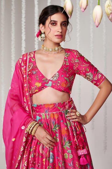 Blooming Threads_Pink Cotton, Silk, Organza Tassels Plunge Neck Bagicha Flora Print Lehenga Set _at_Aza_Fashions