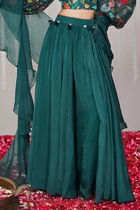 Blooming Threads_Green Organza, Cotton, Silk Tassels Square Neck Solid Gathered Flare Lehenga Set _Online_at_Aza_Fashions