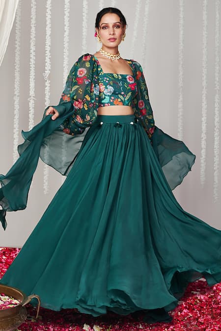 Buy_Blooming Threads_Green Organza, Cotton, Silk Tassels Square Neck Solid Gathered Flare Lehenga Set _Online_at_Aza_Fashions