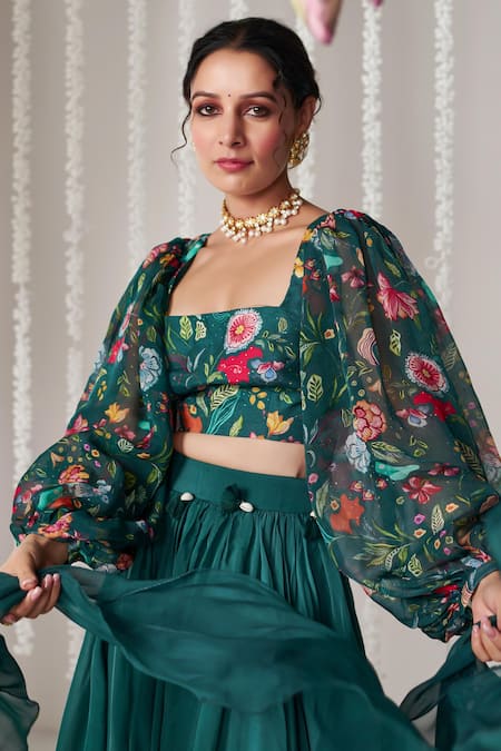 Shop_Blooming Threads_Green Organza, Cotton, Silk Tassels Square Neck Solid Gathered Flare Lehenga Set _Online_at_Aza_Fashions