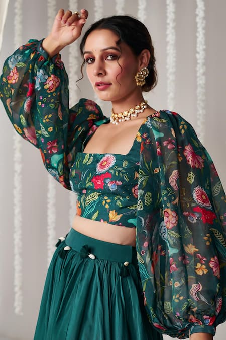 Blooming Threads_Green Organza, Cotton, Silk Tassels Square Neck Solid Gathered Flare Lehenga Set _at_Aza_Fashions