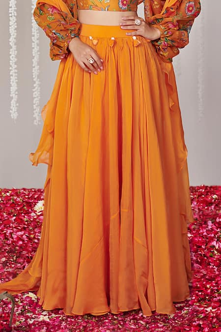 Blooming Threads_Orange Organza, Satin, Tassels Square Gathered Flare Lehenga Set _Online_at_Aza_Fashions