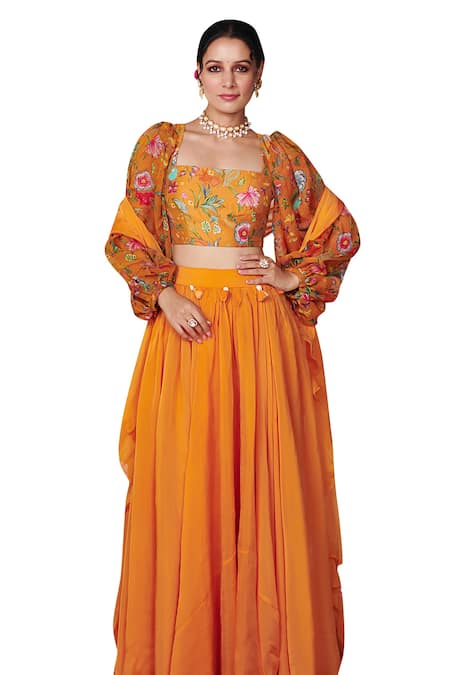 Buy_Blooming Threads_Orange Organza, Satin, Tassels Square Gathered Flare Lehenga Set _Online_at_Aza_Fashions