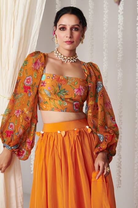 Blooming Threads_Orange Organza, Satin, Tassels Square Gathered Flare Lehenga Set _at_Aza_Fashions