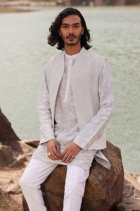 Shop_Mishru_Blue Silk, Chanderi, Lycra Sequins, Beads, Abstract Bundi And Kurta Set _at_Aza_Fashions