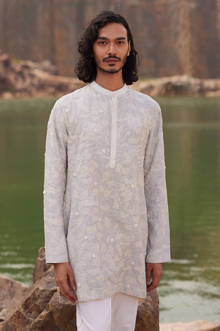 Shop_Mishru_Blue Silk, Lycra, Satin Beads, Sequins Abstract Embroidered Kurta Set _at_Aza_Fashions