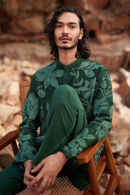 Shop Mishru Green Chanderi, Lycra, Satin Embroidery Aarav Floral Kurta Set at Aza Fashions Shop_Mishru_Green Chanderi, Lycra, Satin Embroidery Aarav Floral Kurta Set _at_Aza_Fashions