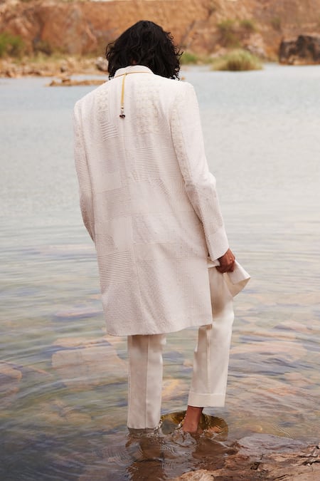 Shop_Mishru_Ivory Chanderi, Lycra, Satin Embroidery Adhir Checkered Pattern Sherwani Set _at_Aza_Fashions