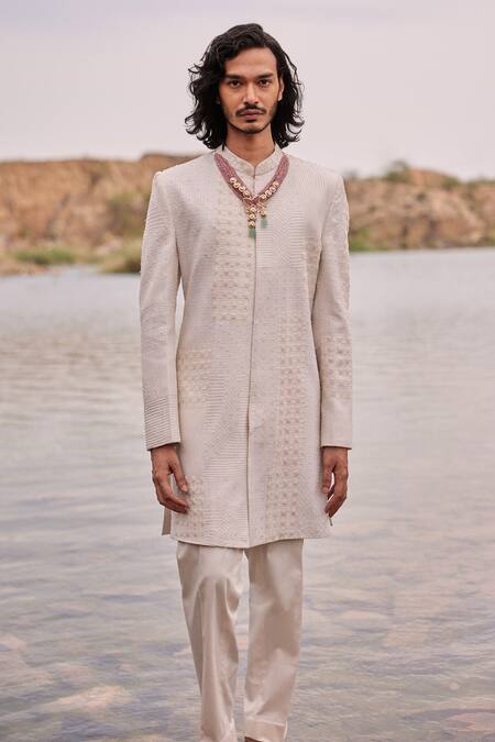 Mishru_Ivory Chanderi, Lycra, Satin Embroidery Adhir Checkered Pattern Sherwani Set _Online_at_Aza_Fashions