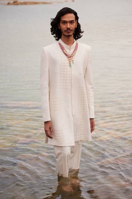 Shop_Mishru_Ivory Chanderi, Lycra, Satin Embroidery Adhir Checkered Pattern Sherwani Set _Online_at_Aza_Fashions