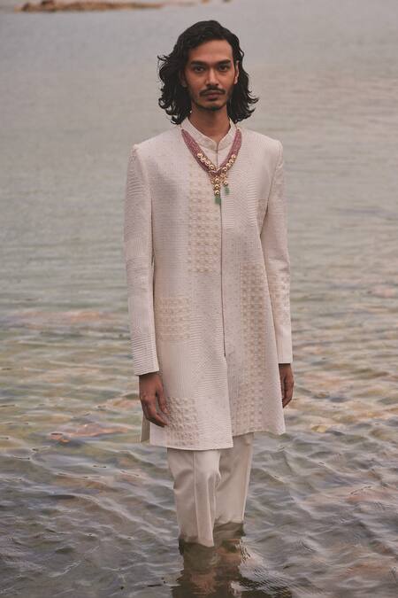 Mishru_Ivory Chanderi, Lycra, Satin Embroidery Adhir Checkered Pattern Sherwani Set _at_Aza_Fashions