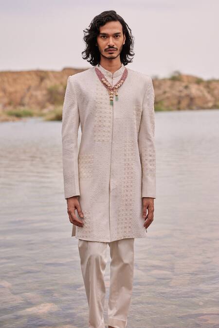 Buy_Mishru_Ivory Chanderi, Lycra, Satin Embroidery Adhir Checkered Pattern Sherwani Set 