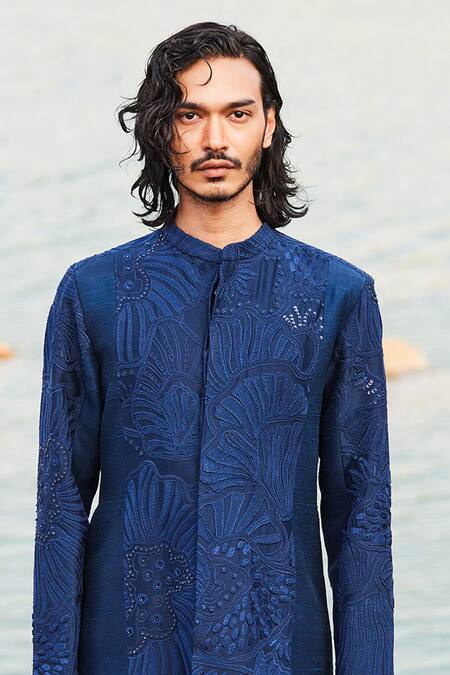 Mishru Blue Sherwani Raw Silk Embroidery Bead Carvi Sea Set  2