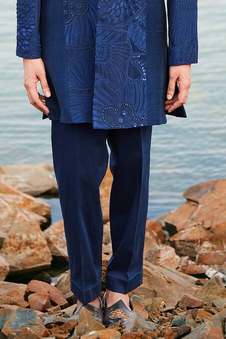 Mishru Blue Sherwani Raw Silk Embroidery Bead Carvi Sea Set  3