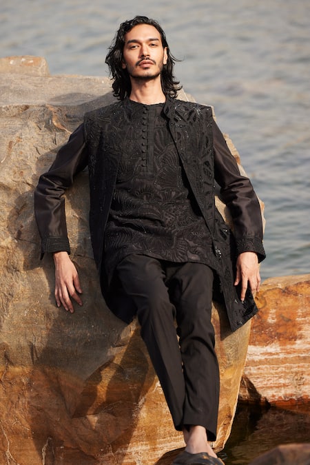 Shop_Mishru_Black Silk, Chanderi, Lycra Sequins, Beads, Embroidery Bundi And Kurta Set _at_Aza_Fashions