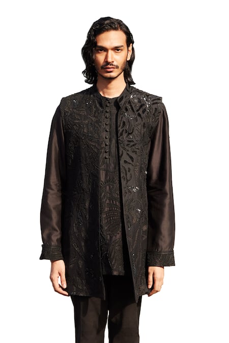 Mishru_Black Silk, Chanderi, Lycra Sequins, Beads, Embroidery Bundi And Kurta Set _Online_at_Aza_Fashions