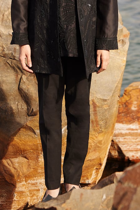 Buy_Mishru_Black Silk, Chanderi, Lycra Sequins, Beads, Embroidery Bundi And Kurta Set _Online_at_Aza_Fashions