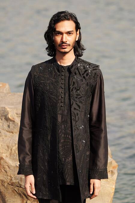 Shop_Mishru_Black Silk, Chanderi, Lycra Sequins, Beads, Embroidery Bundi And Kurta Set _Online_at_Aza_Fashions