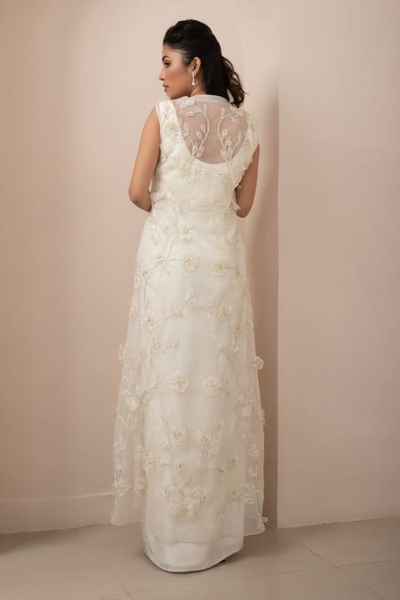 Smriti By Anju Agarwal_White Modal, Organza Sequins, Beads, Floral Sheer Jacket Draped Skirt Set _Online_at_Aza_Fashions