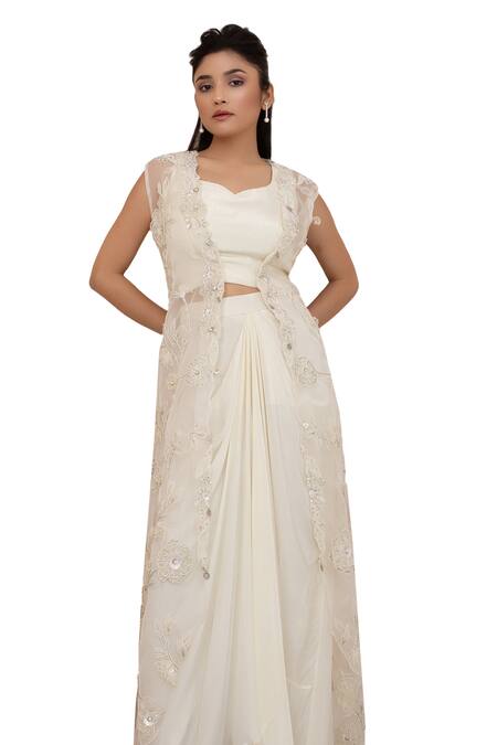 Buy_Smriti By Anju Agarwal_White Modal, Organza Sequins, Beads, Floral Sheer Jacket Draped Skirt Set _Online_at_Aza_Fashions