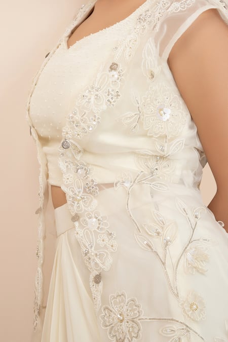 Shop_Smriti By Anju Agarwal_White Modal, Organza Sequins, Beads, Floral Sheer Jacket Draped Skirt Set _Online_at_Aza_Fashions