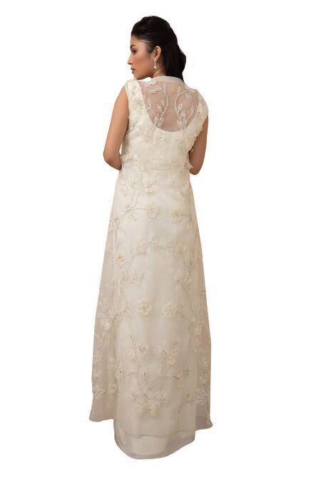 Smriti By Anju Agarwal_White Modal, Organza Sequins, Beads, Floral Sheer Jacket Draped Skirt Set _at_Aza_Fashions