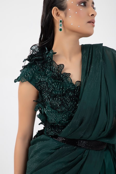 Buy Smriti By Anju Agarwal Green Silk, Organza, Taffeta, Crepe, Shimmer Pallu Pre-draped Skirt Saree Set Online at Aza Fashions Buy_Smriti By Anju Agarwal_Green Silk, Organza, Taffeta, Crepe, Shimmer Pallu Pre-draped Skirt Saree Set _Online_at_Aza_Fashions