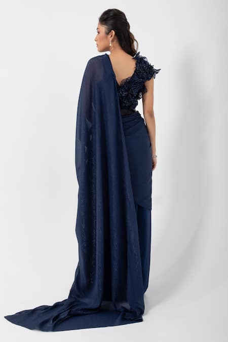 Smriti By Anju Agarwal_Blue Silk, Organza, Taffeta, Crepe Shimmer Pre-draped Skirt Saree Blouse Set _Online_at_Aza_Fashions