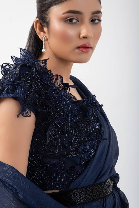 Buy_Smriti By Anju Agarwal_Blue Silk, Organza, Taffeta, Crepe Shimmer Pre-draped Skirt Saree Blouse Set _Online_at_Aza_Fashions