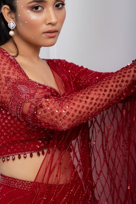 Buy_Smriti By Anju Agarwal_Red Net, Crepe, Lycra Sequins, Beads Embellished Pre-draped Saree With Blouse _Online_at_Aza_Fashions
