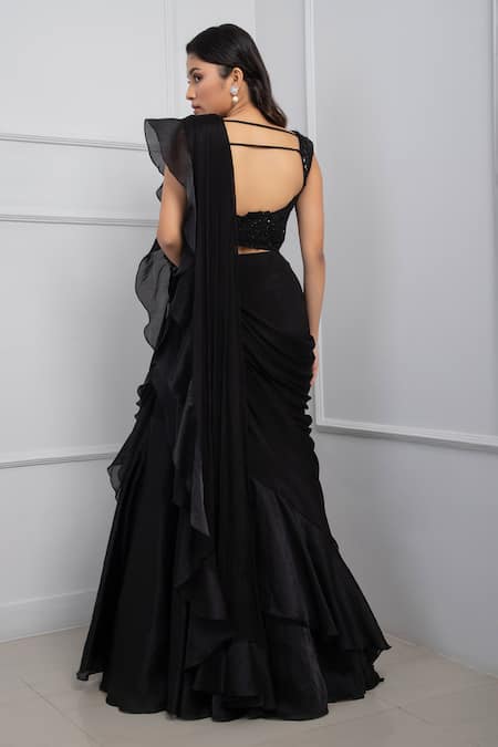 Smriti By Anju Agarwal_Black Organza, Crepe, Tiered Ruffle Pre-draped Saree With Embellished Blouse _Online_at_Aza_Fashions