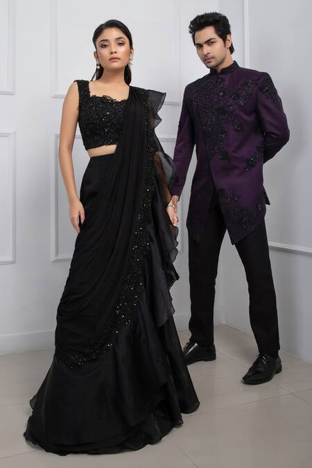 Buy_Smriti By Anju Agarwal_Black Organza, Crepe, Tiered Ruffle Pre-draped Saree With Embellished Blouse _Online_at_Aza_Fashions