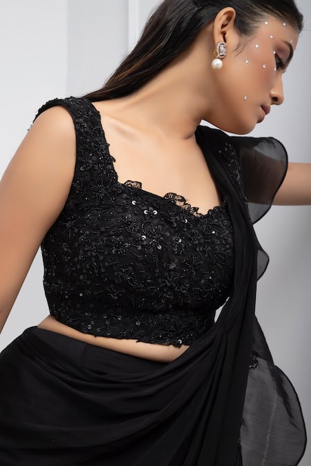 Shop_Smriti By Anju Agarwal_Black Organza, Crepe, Tiered Ruffle Pre-draped Saree With Embellished Blouse _Online_at_Aza_Fashions