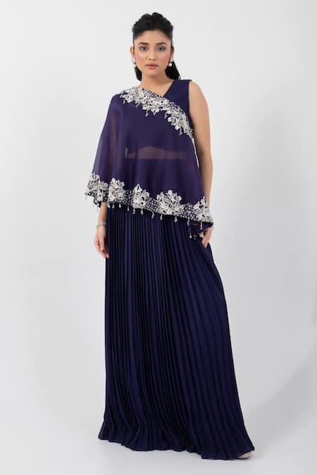 Smriti by Anju Agarwal Blue Cape Organza Embellished Floral Embroidered Sheer Pleated Lehenga Set 