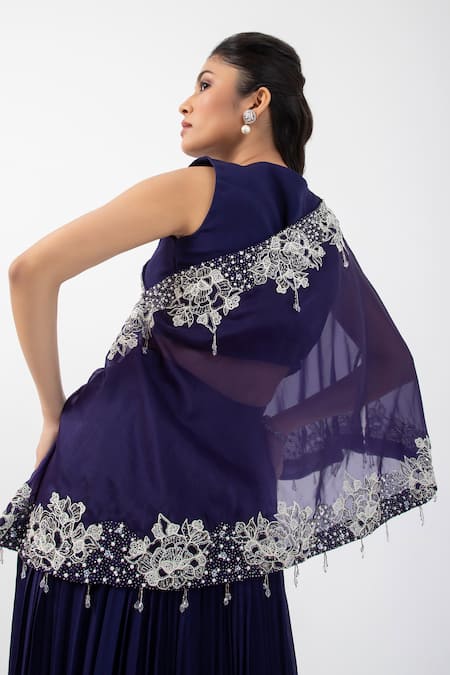 Smriti By Anju Agarwal Floral Embroidered Sheer Cape Pleated Lehenga Set 