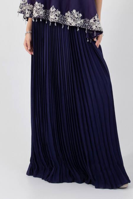 Buy_Smriti By Anju Agarwal_Blue Chiffon Sequins, Beads Floral Embroidered Sheer Cape Pleated Lehenga Set _Online_at_Aza_Fashions