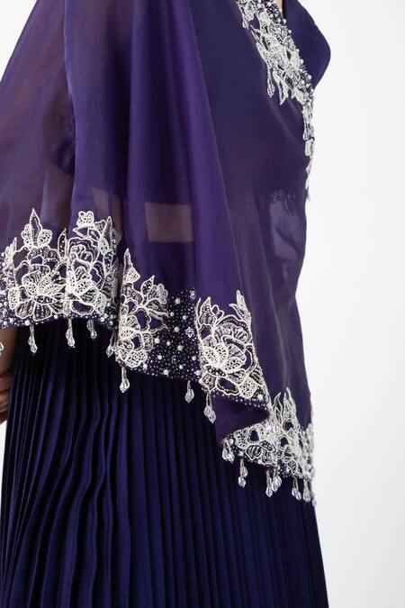 Shop_Smriti By Anju Agarwal_Blue Chiffon Sequins, Beads Floral Embroidered Sheer Cape Pleated Lehenga Set _Online_at_Aza_Fashions