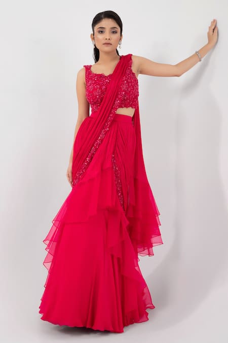 Smriti by Anju Agarwal Ruffle Tiered Pre-Draped Saree With Embellished Blouse 