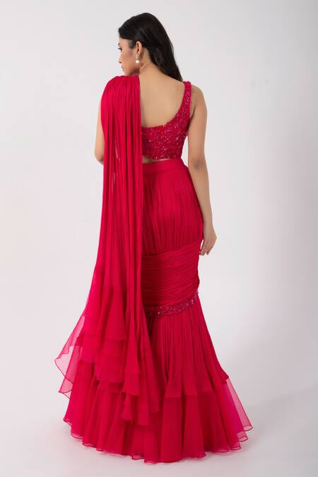 Smriti By Anju Agarwal_Pink Organza, Net, Ruffle Tiered Pre-draped Saree With Embellished Blouse _Online_at_Aza_Fashions