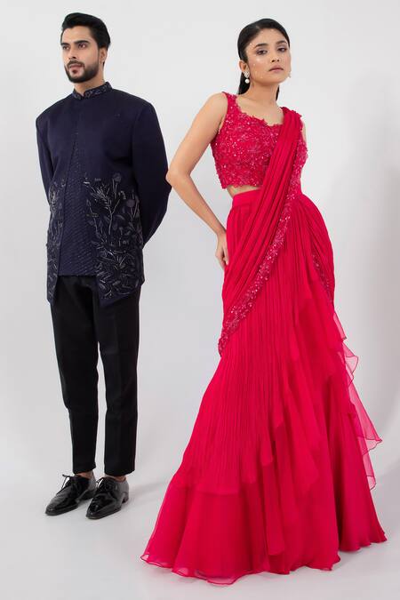 Buy_Smriti By Anju Agarwal_Pink Organza, Net, Ruffle Tiered Pre-draped Saree With Embellished Blouse _Online_at_Aza_Fashions