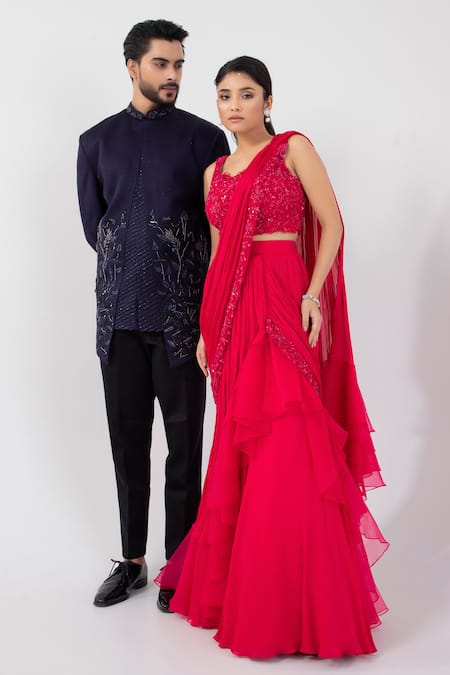 Shop_Smriti By Anju Agarwal_Pink Organza, Net, Ruffle Tiered Pre-draped Saree With Embellished Blouse _Online_at_Aza_Fashions