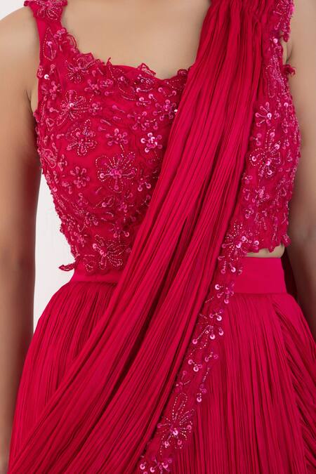 Smriti By Anju Agarwal_Pink Organza, Net, Ruffle Tiered Pre-draped Saree With Embellished Blouse _at_Aza_Fashions