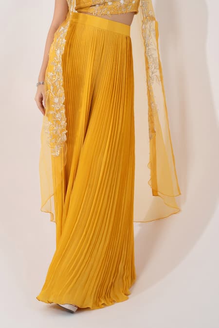 Buy_Smriti By Anju Agarwal_Yellow Organza, Chiffon, Taffeta Floral Sheer Jacket Pleated Flared Pant Set _Online_at_Aza_Fashions