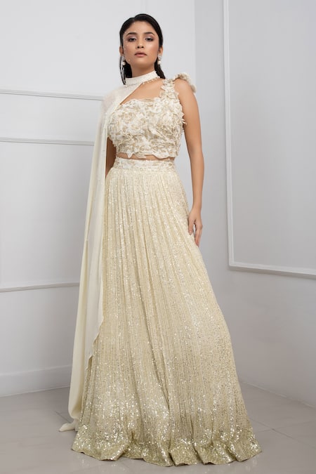 Smriti by Anju Agarwal Pearl Embellished Cape Sequined Pleated Lehenga Set 