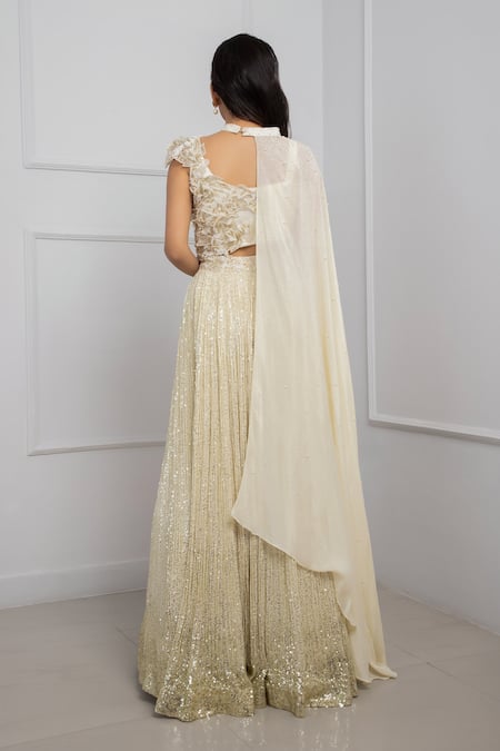 Smriti By Anju Agarwal Pearl Embellished Cape Sequined Pleated Lehenga Set 